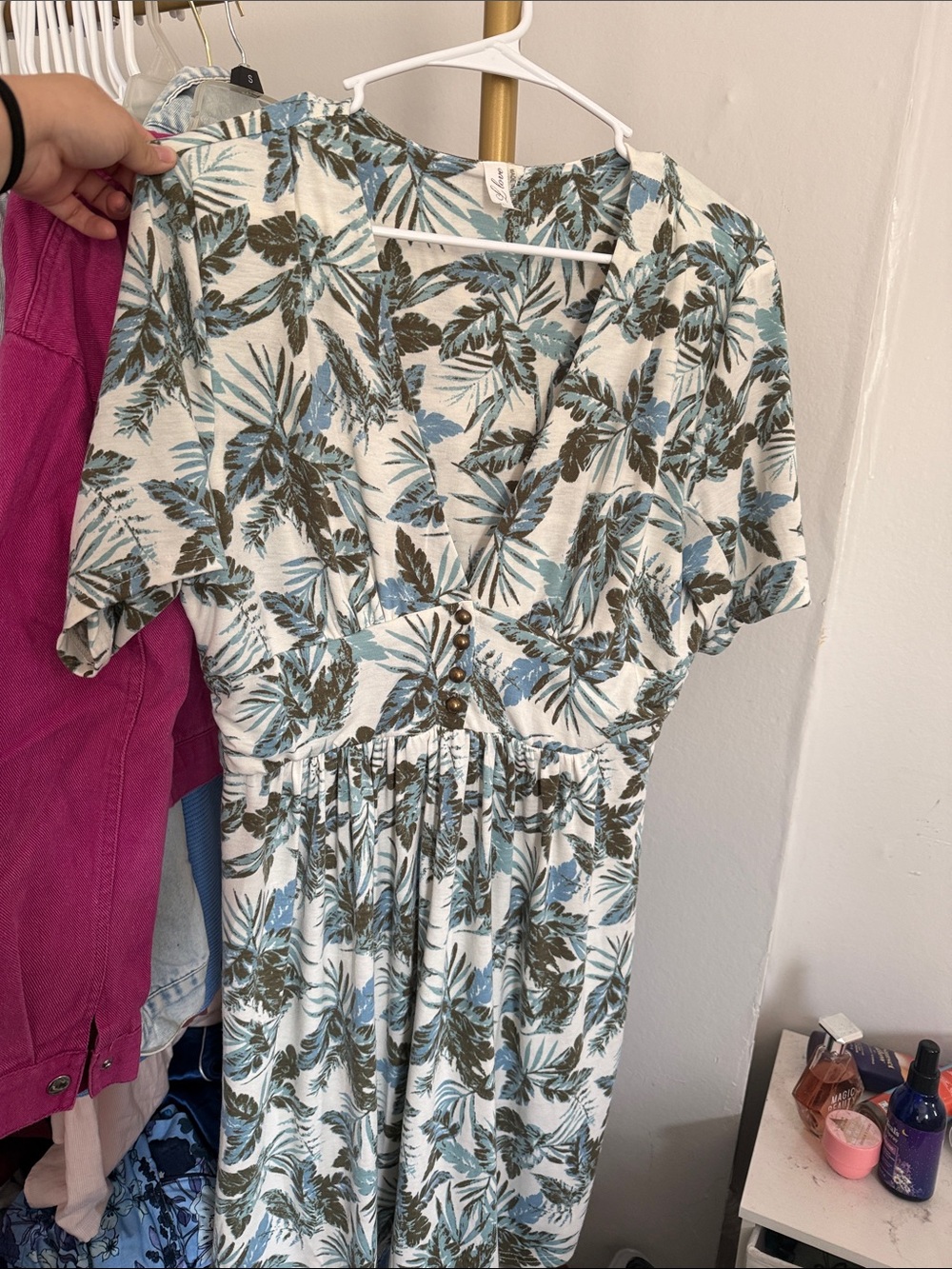 Love Tropical Leaf V-Neck Dress in Blue and Brown